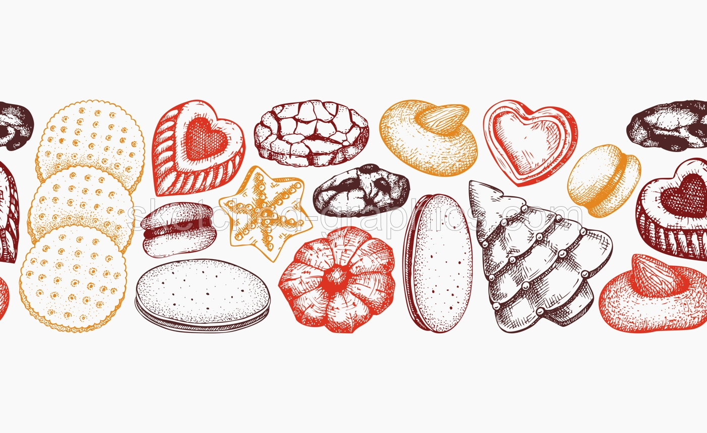 Bakery shop seamless pattern. Cookies background in color. Cookies with almond, chocolate, jam, crackers, chips hand drawn illustrations. Popular pastry ribbon for print, banner, packaging design Illustration